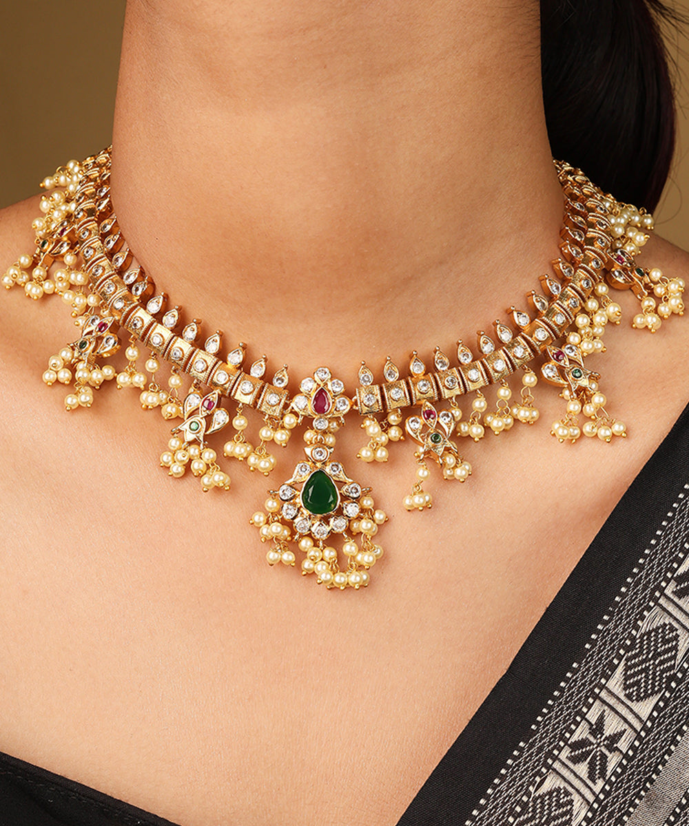 Traditional Guttapusalu Necklace with Jhumkis Tiny White Pearls and Stones