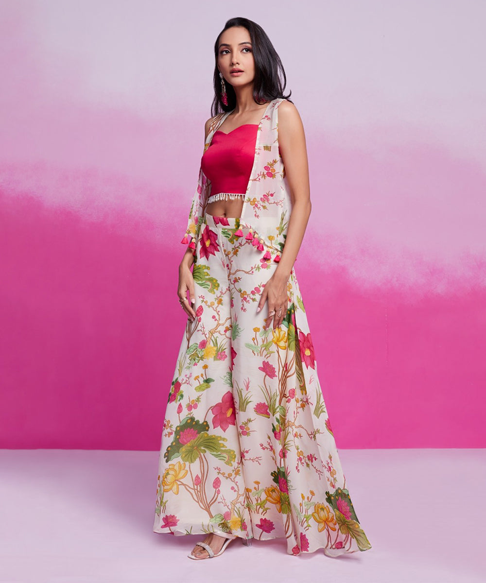 Indo Western Pink Organza Top with Printed Palazzo and Jacket
