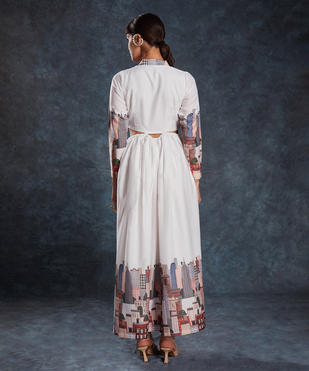 Dress White Linen Printed