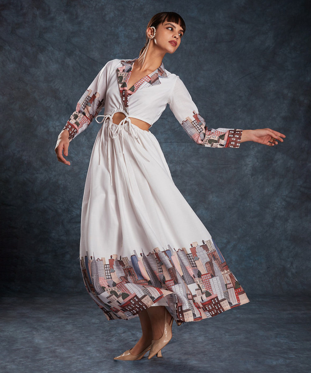 Dress White Linen Printed