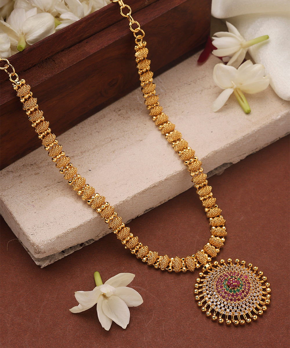 Gold Plated Necklace with Round American Diamond Stone Studded Pendant