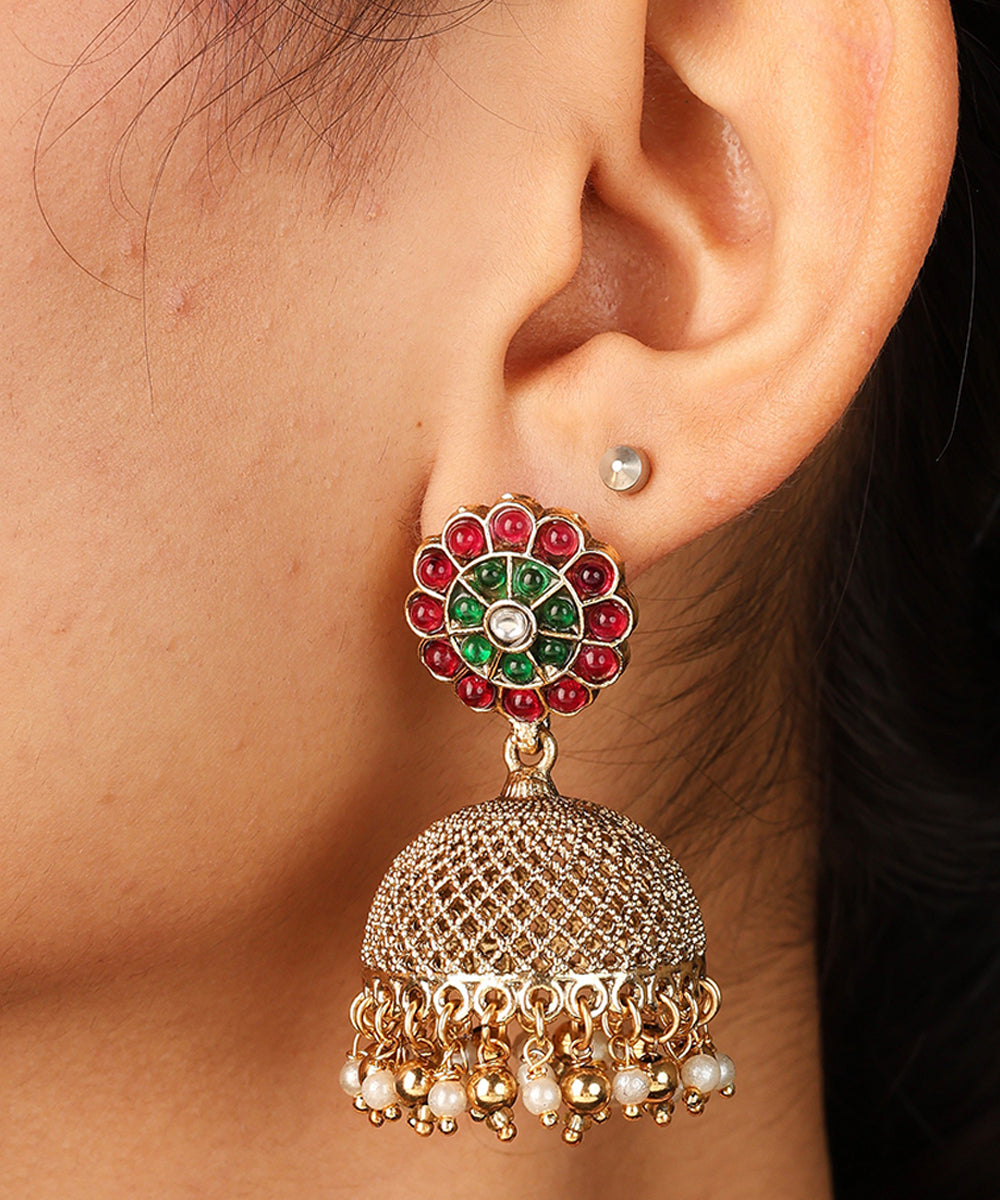 Ancient Style Curved Gold Plated Necklace with Intricate Carvings and Beaded Earrings