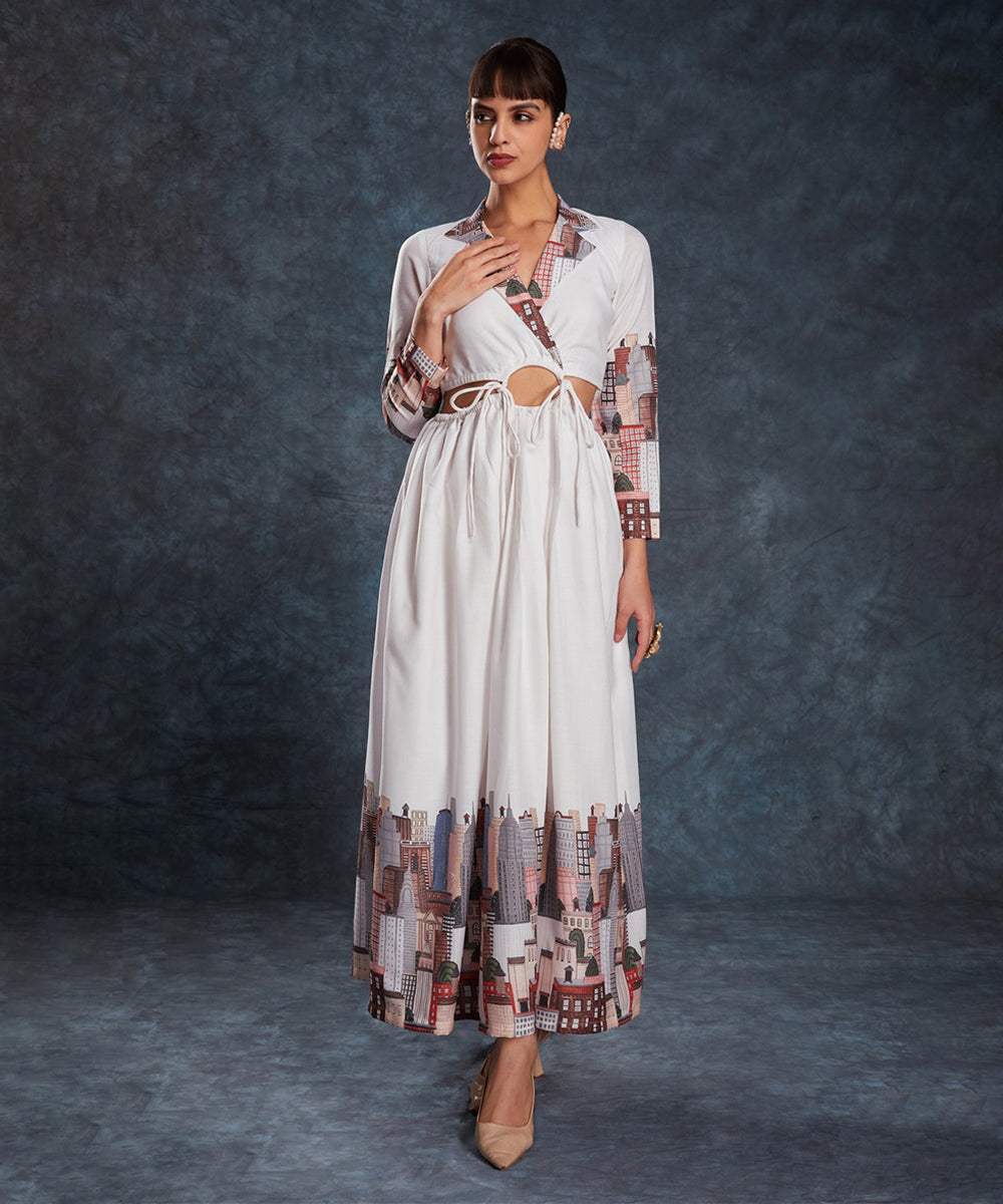 Dress White Linen Printed