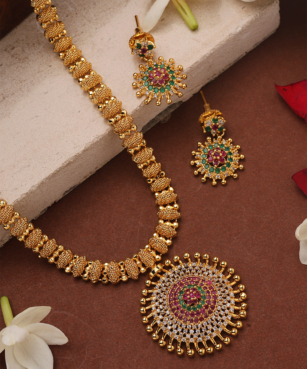 Gold Plated Necklace with Round American Diamond Stone Studded Pendant