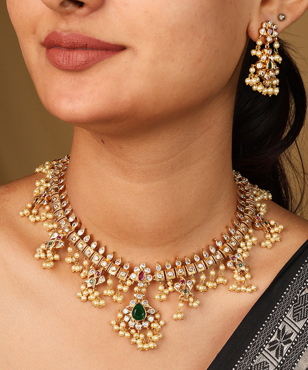 Traditional Guttapusalu Necklace with Jhumkis Tiny White Pearls and Stones