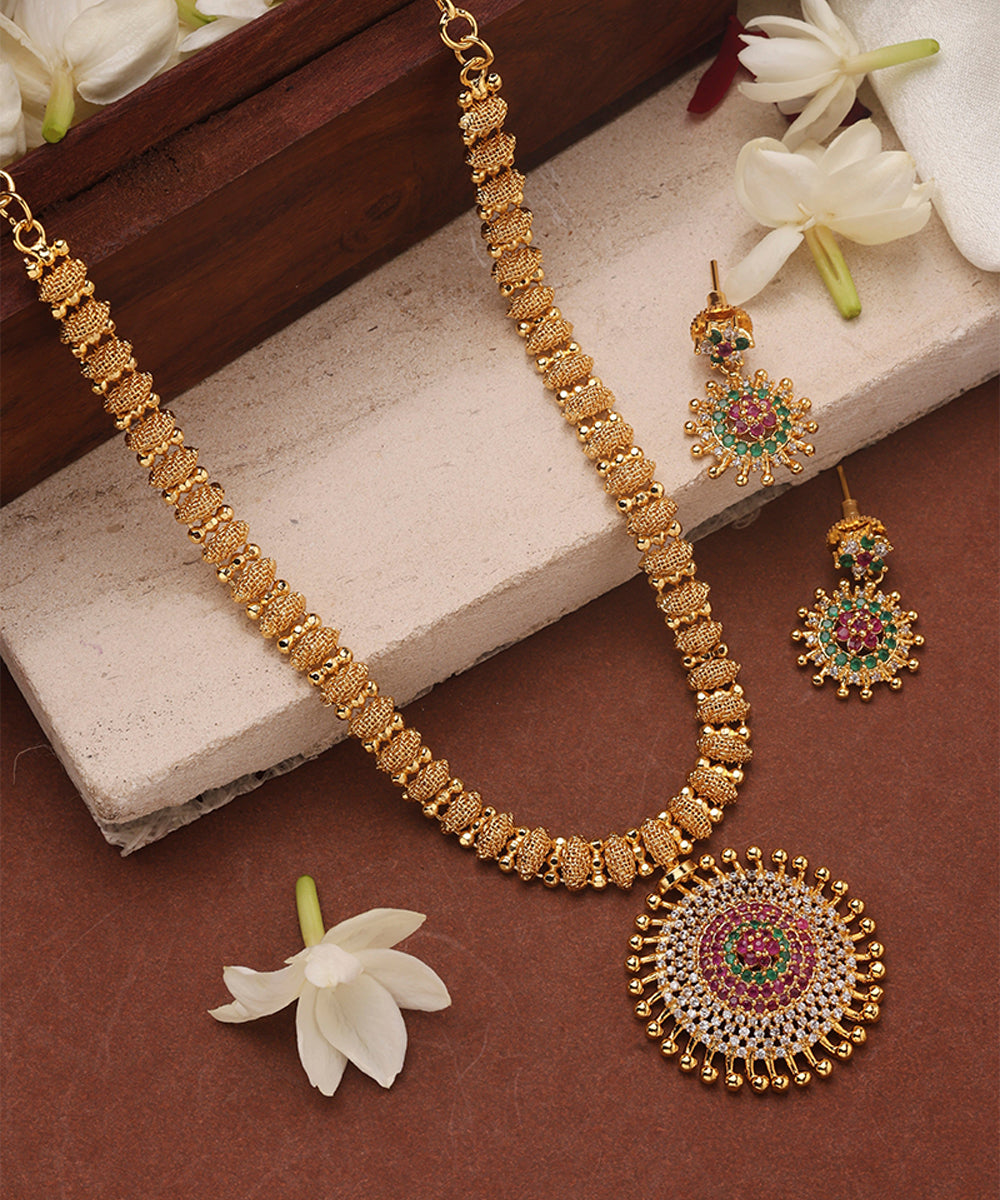 Gold Plated Necklace with Round American Diamond Stone Studded Pendant