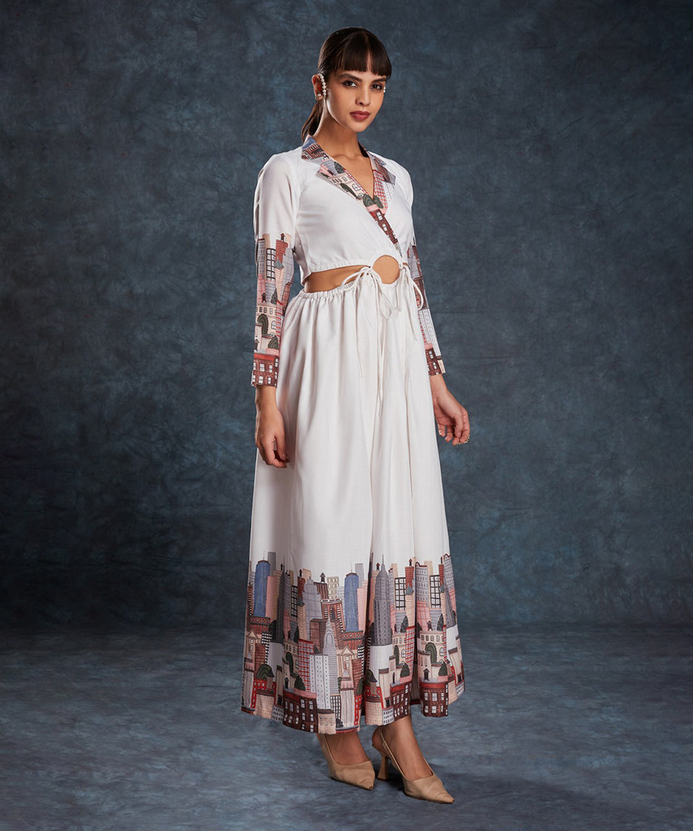 Dress White Linen Printed