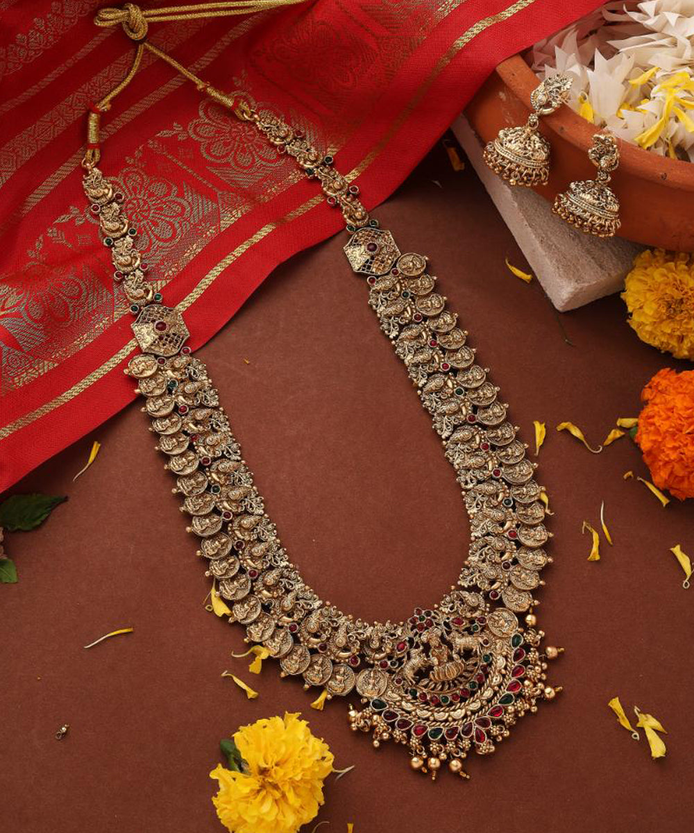 Long Lakshmi Coin Necklace Set with Lakshmi Motif Temple jewellery
