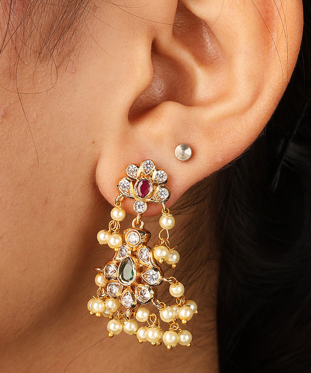 Traditional Guttapusalu Necklace with Jhumkis Tiny White Pearls and Stones