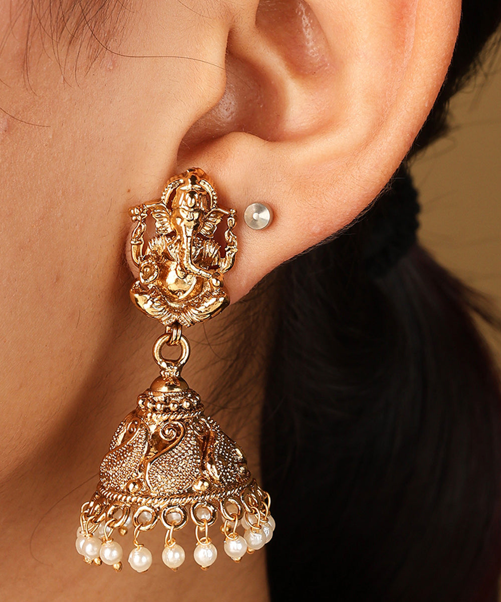 White Bead Necklace with Gold Plated Lakshmi Motif Pendant