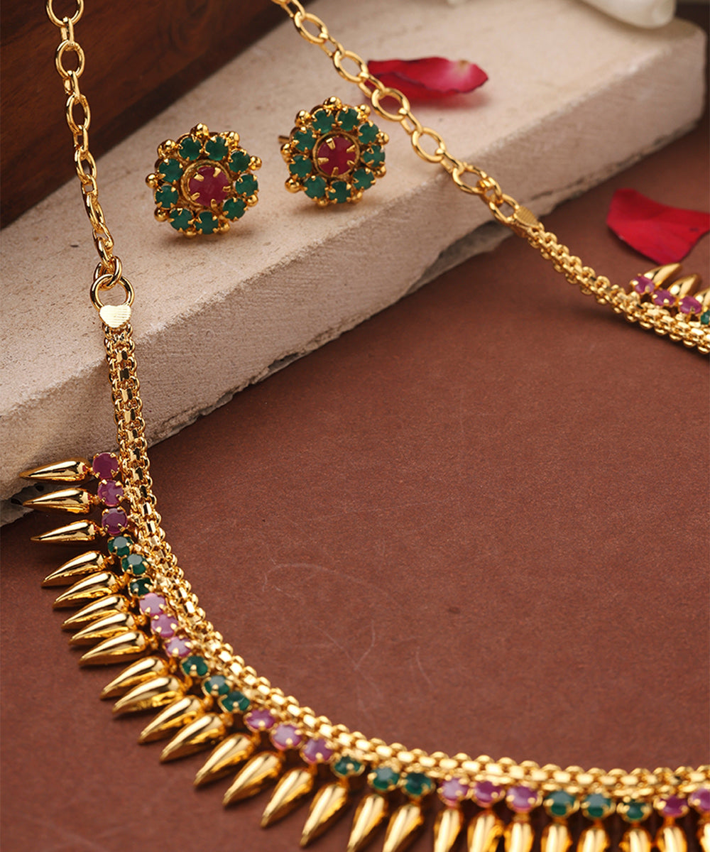 Gold Plated Choker and Stone Studded Necklace Set