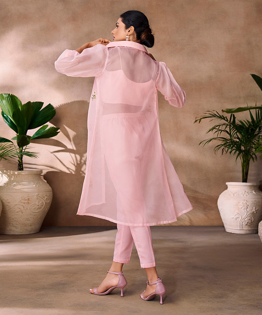 Indo Western Light Pink Organza Embroidered Top with Pant and Jacket