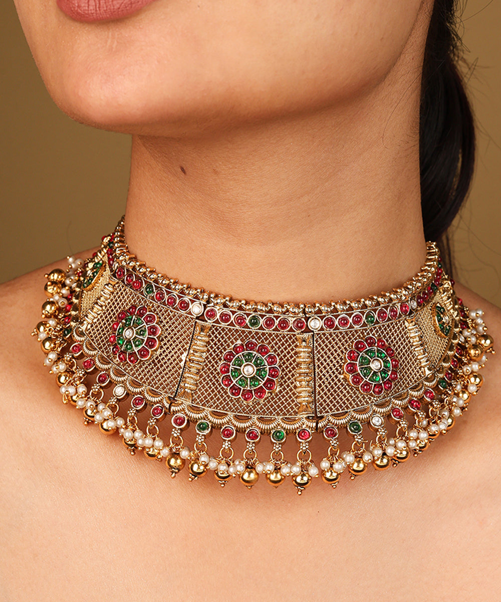 Ancient Style Curved Gold Plated Necklace with Intricate Carvings and Beaded Earrings