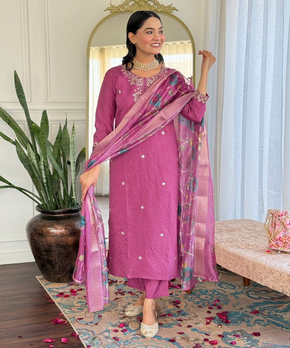 Kurta Set Onion Pink Chanderi Embroidered with Pant and Dupatta