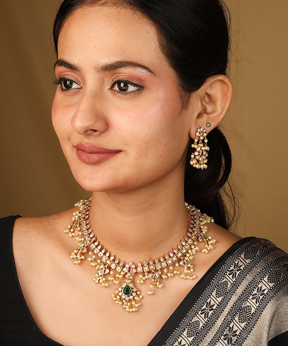 Traditional Guttapusalu Necklace with Jhumkis Tiny White Pearls and Stones