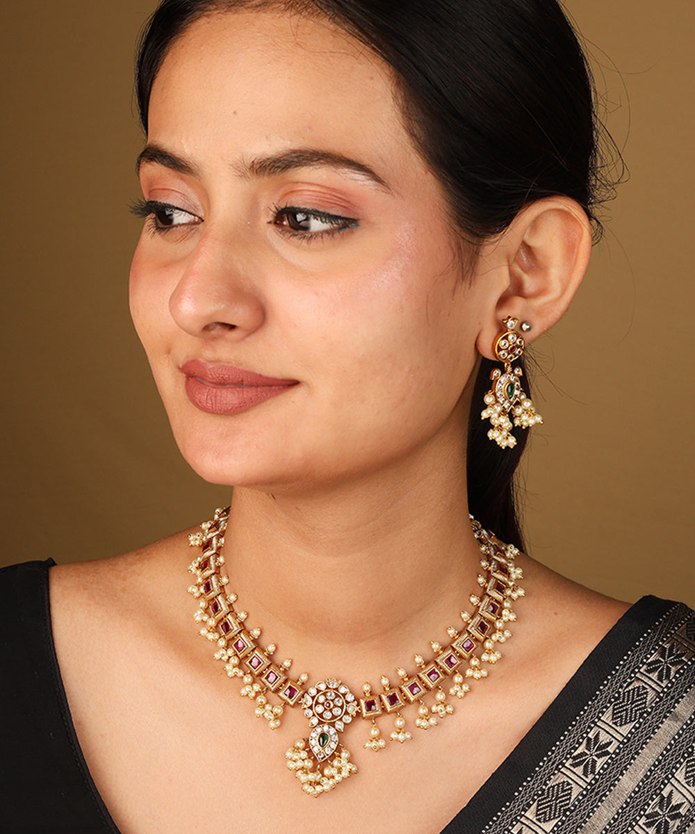 Exquisite Gold Plated Guttapusalu Necklace with Stone Embellishments