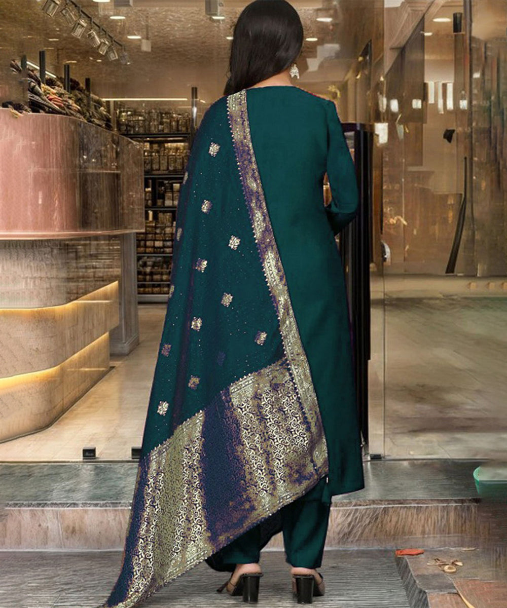 Kurta Set Green Art Silk Embroidered with Pant and Dupatta