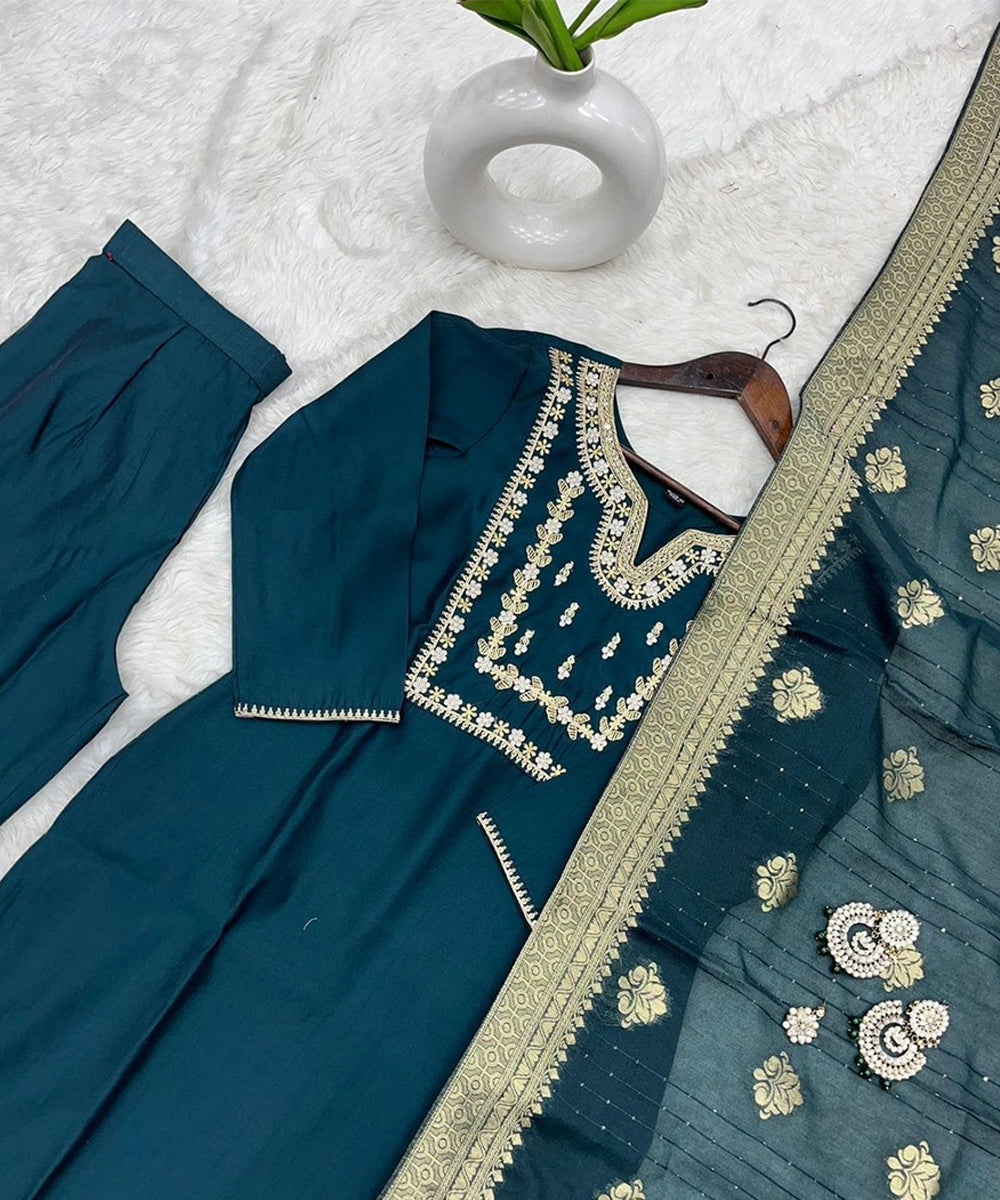 Kurta Set Green Art Silk Embroidered with Pant and Dupatta