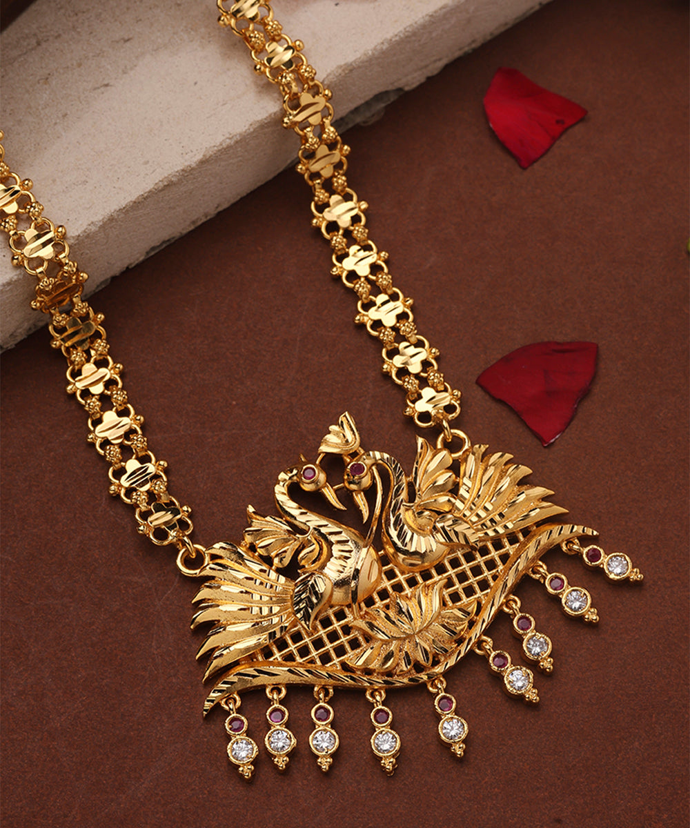 Gold Plated Long Necklace with Swan Pendants and American Diamond Accents