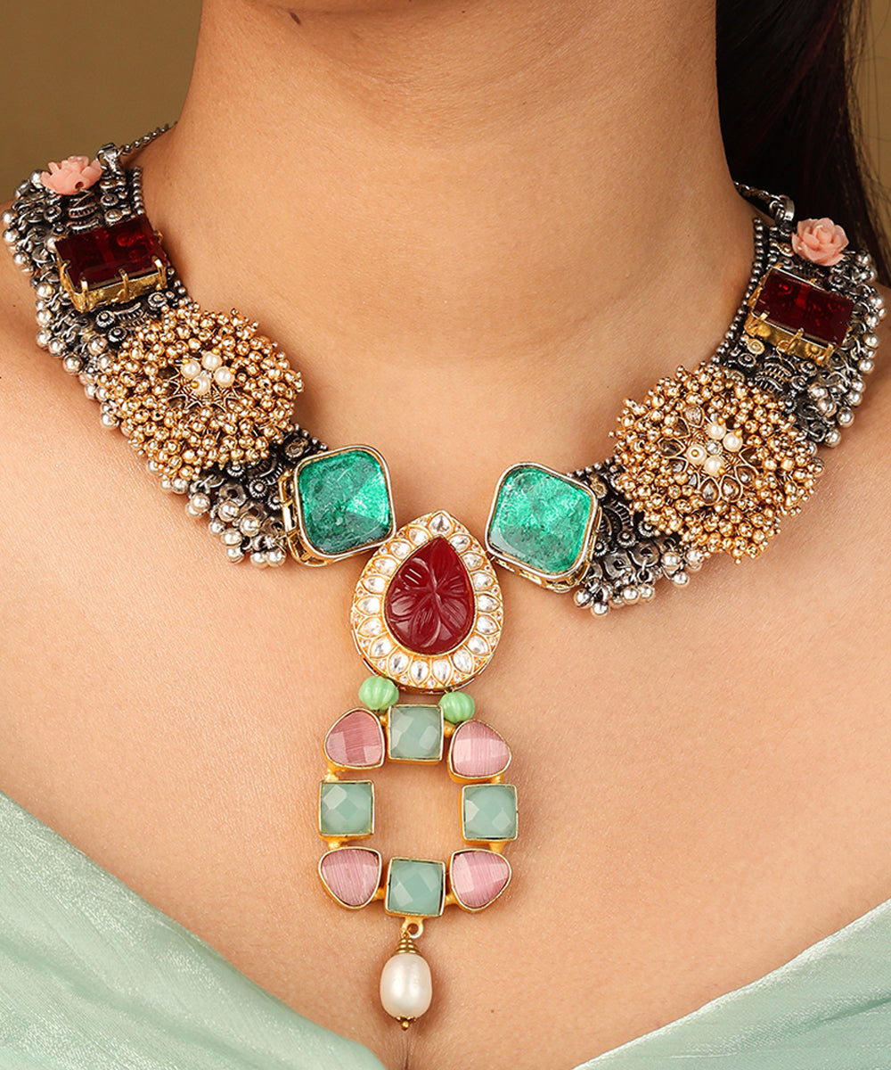 Traditional Jhumki Necklace with Red Stones Rose Pendant and Mint Green Earrings