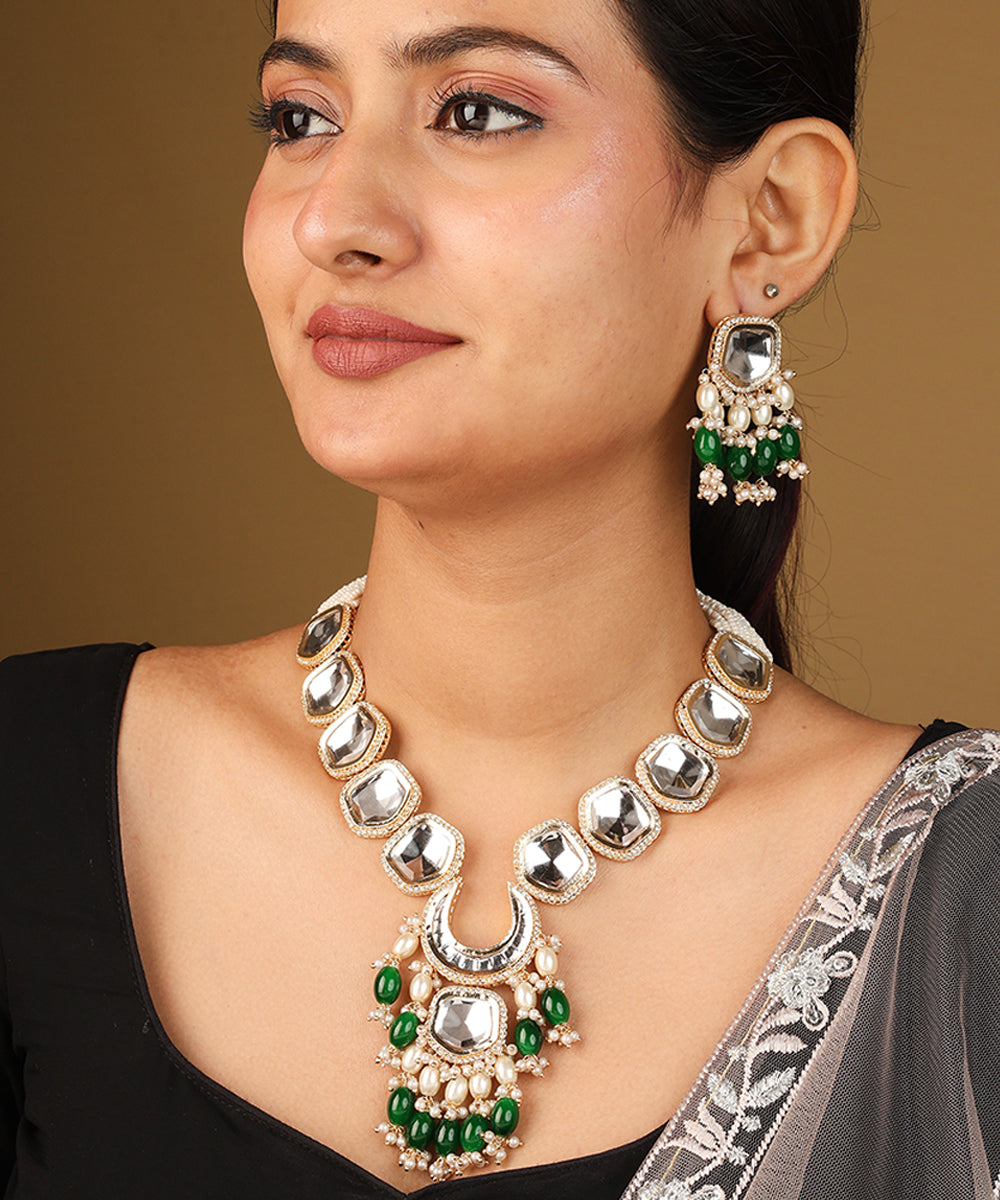 Necklace with Shapeless Transparent Kundan Stones and Dark Green Jhumkis