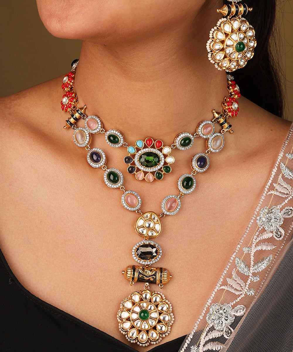 Curved Colourful Stone Necklace with Engraved Circle Pendant and Matching Earrings