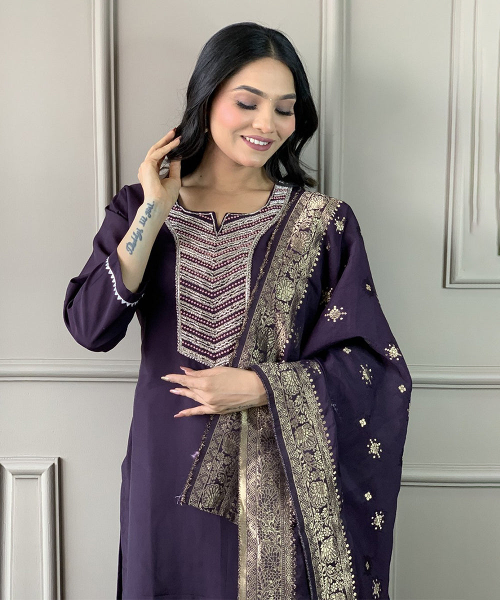 Kurta Set Purple Chanderi Embroidered with Pant and Dupatta