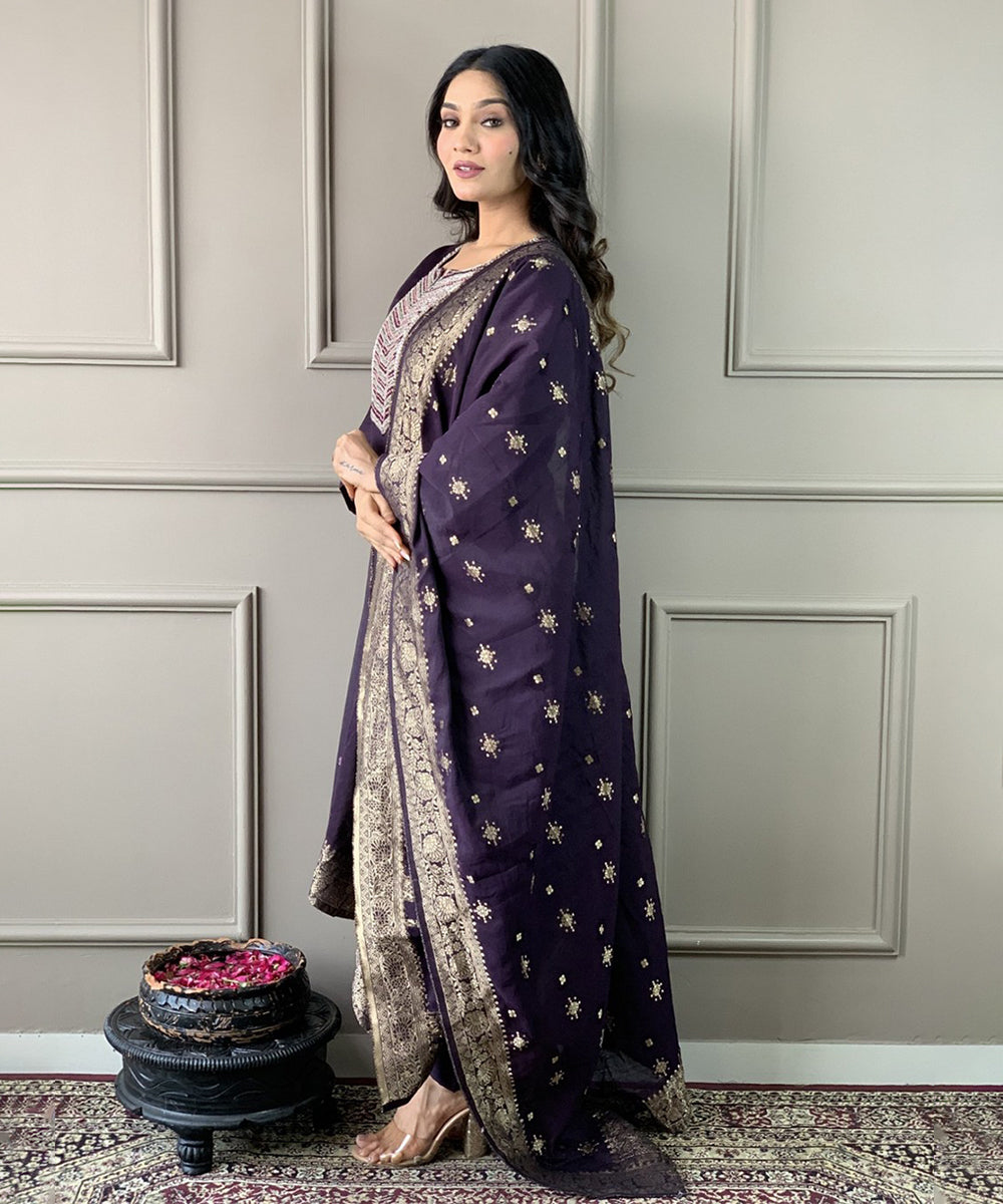 Kurta Set Purple Chanderi Embroidered with Pant and Dupatta