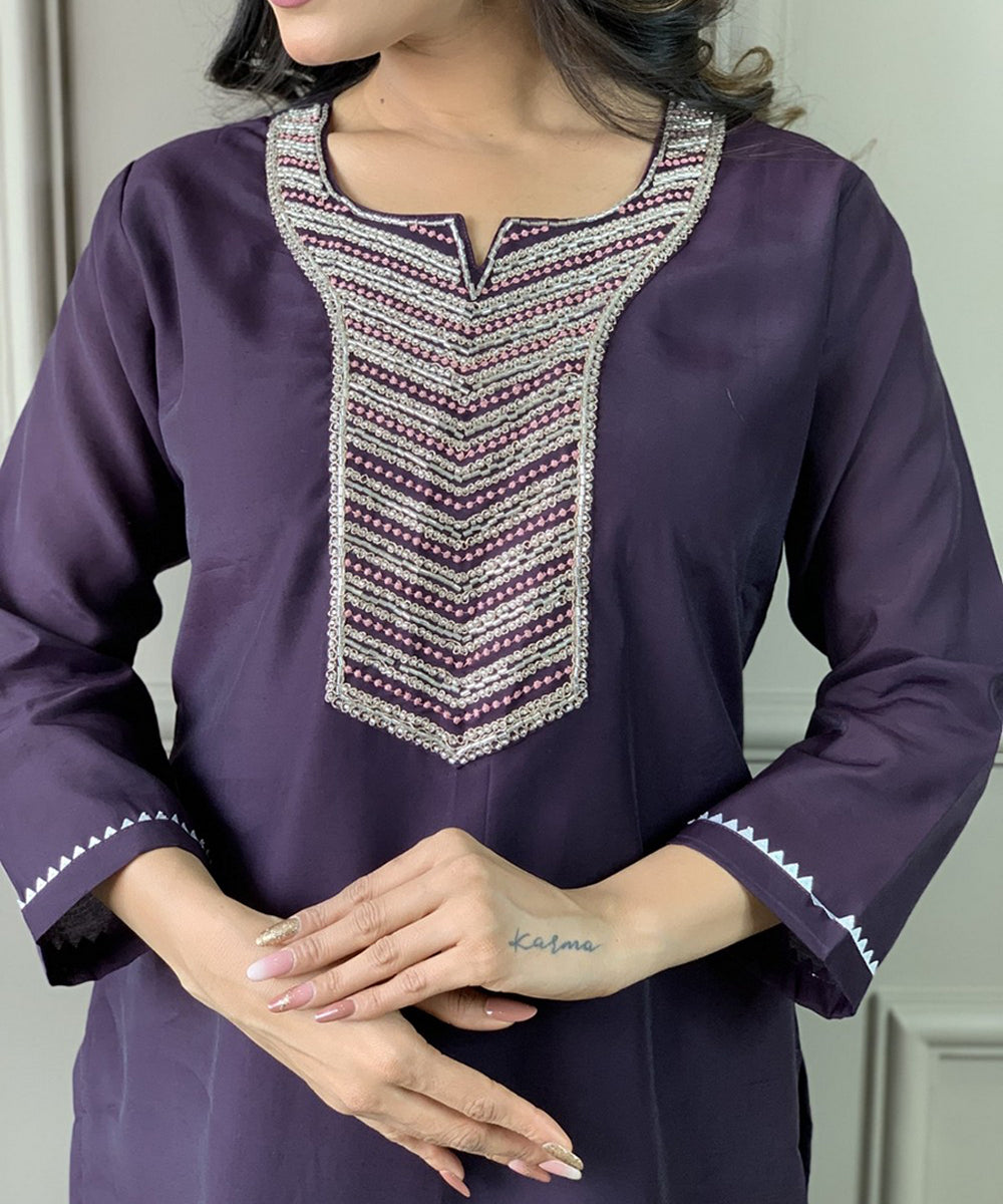 Kurta Set Purple Chanderi Embroidered with Pant and Dupatta