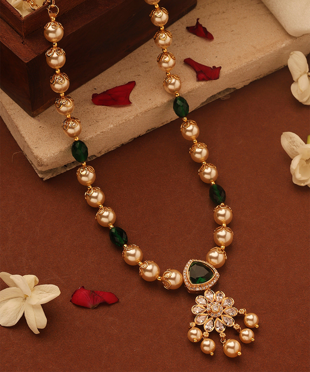 Pearl Necklace with American Diamonds and Green Stone Accents