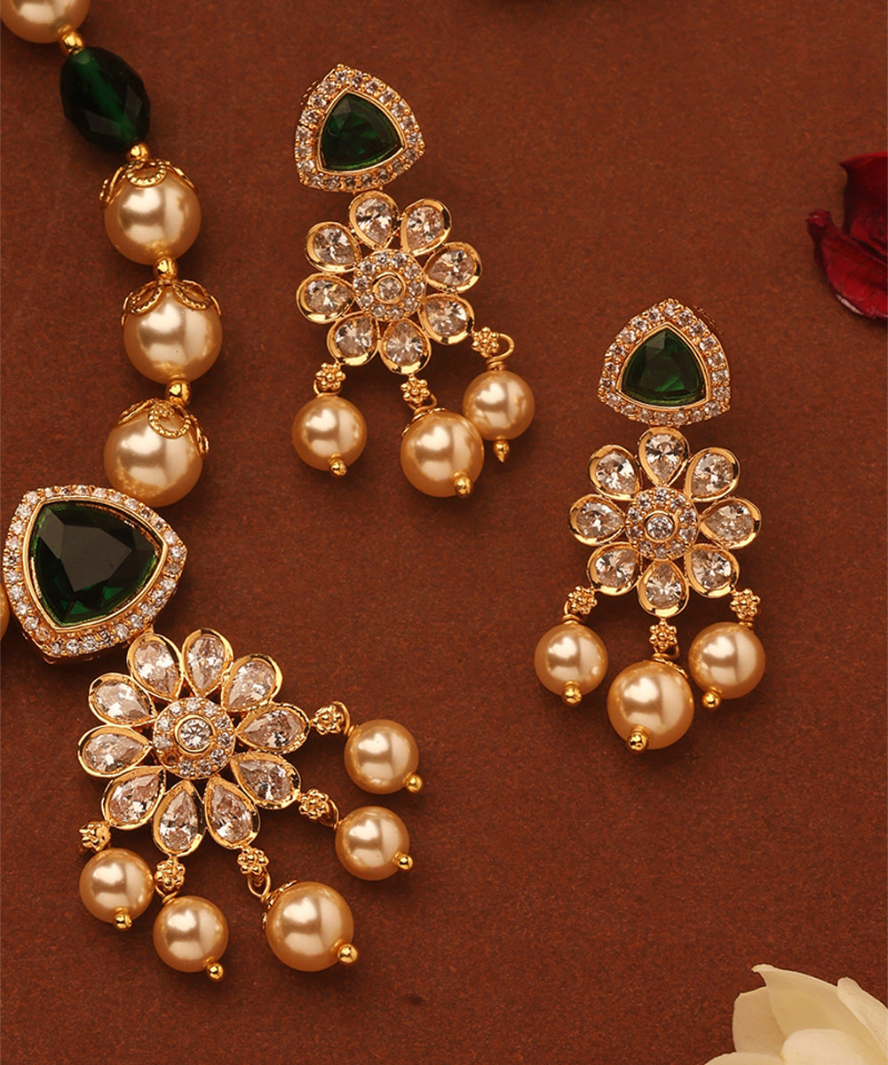 Pearl Necklace with American Diamonds and Green Stone Accents