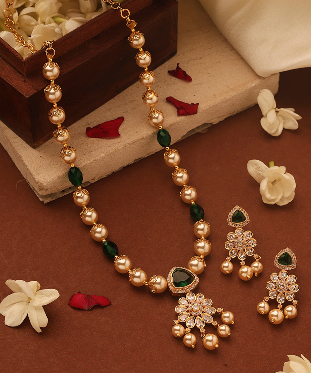 Pearl Necklace with American Diamonds and Green Stone Accents