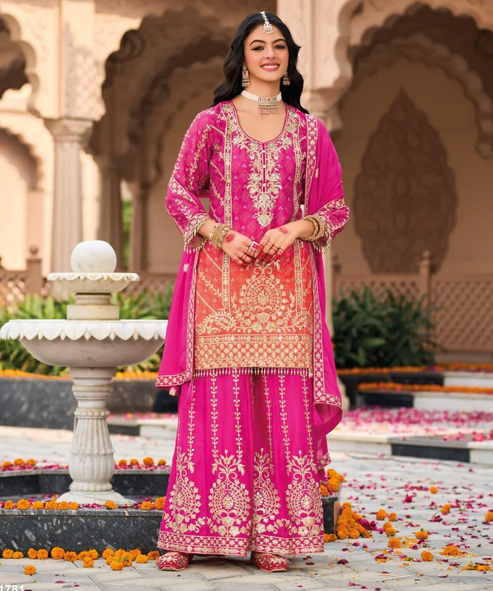 Pink Chinon Embroidered Salwar Kameez and Dupatta Set