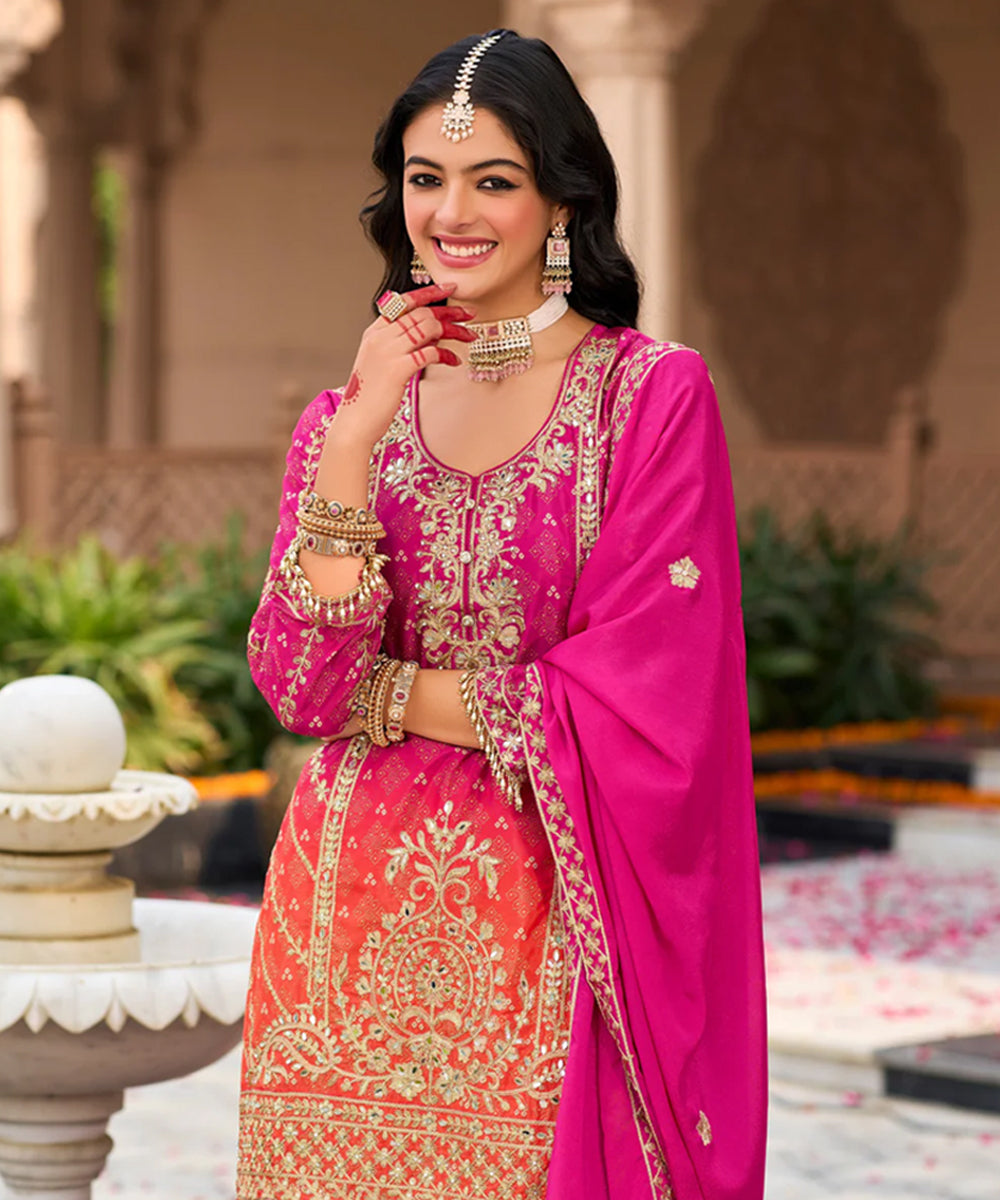 Pink Chinon Embroidered Salwar Kameez and Dupatta Set