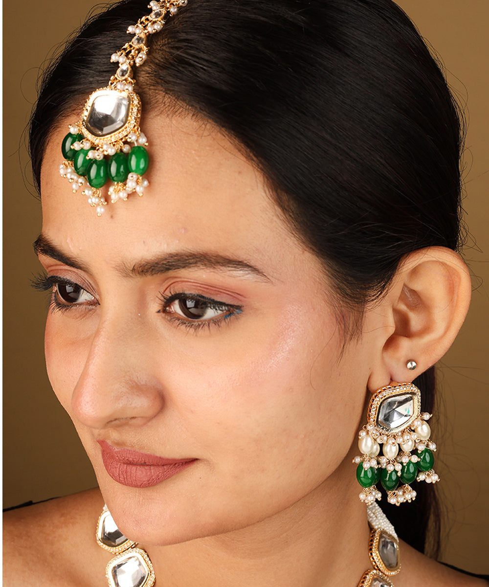 Necklace with Shapeless Transparent Kundan Stones and Dark Green Jhumkis