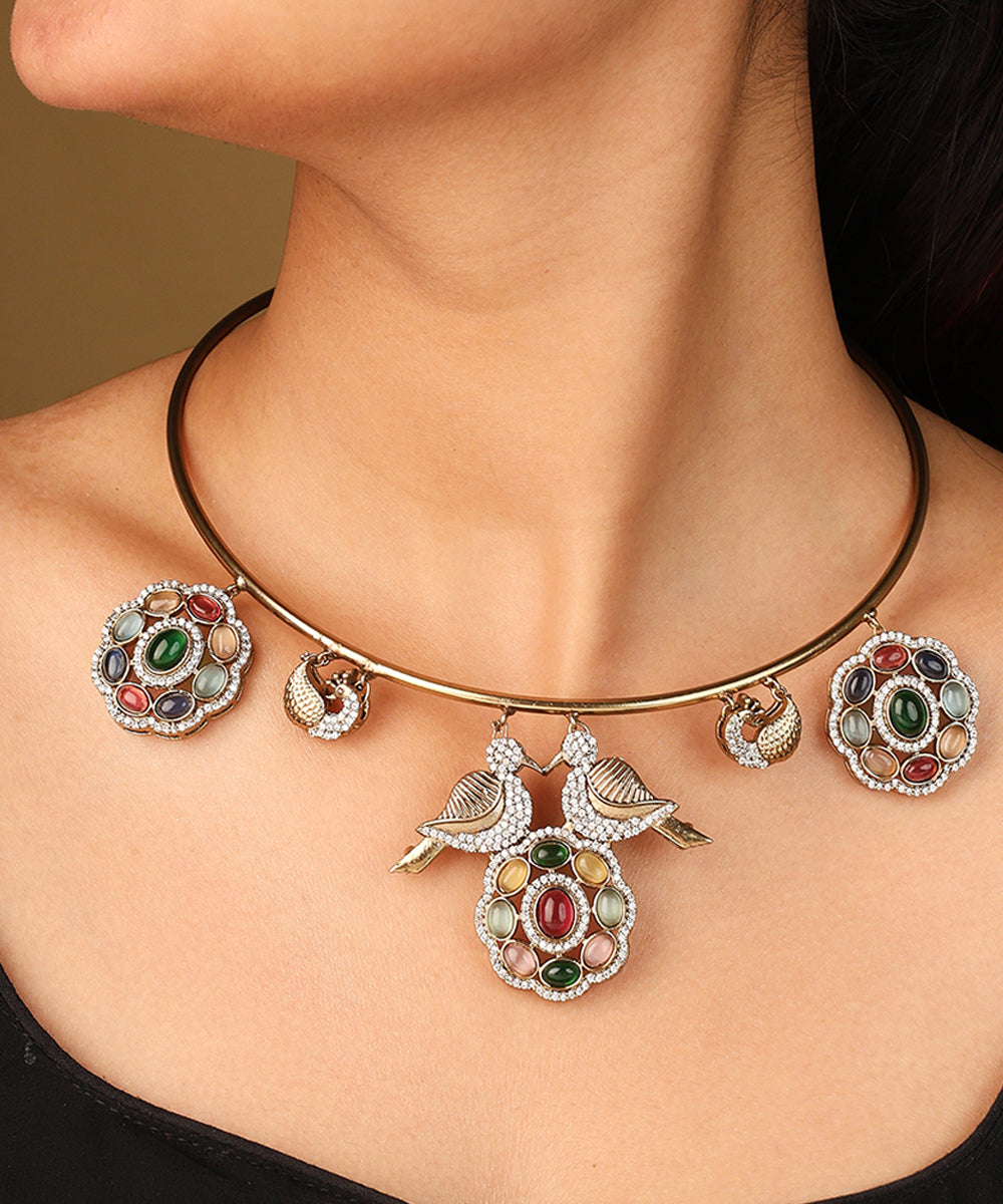 Gold Plated Circle Necklace with colourful Flower Pendants Matching Earrings and Maang Tikka
