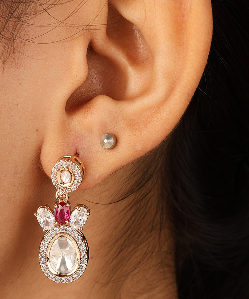 Raindrop Shaped Transparent Stone Necklace with Red Accents and Matching Earrings