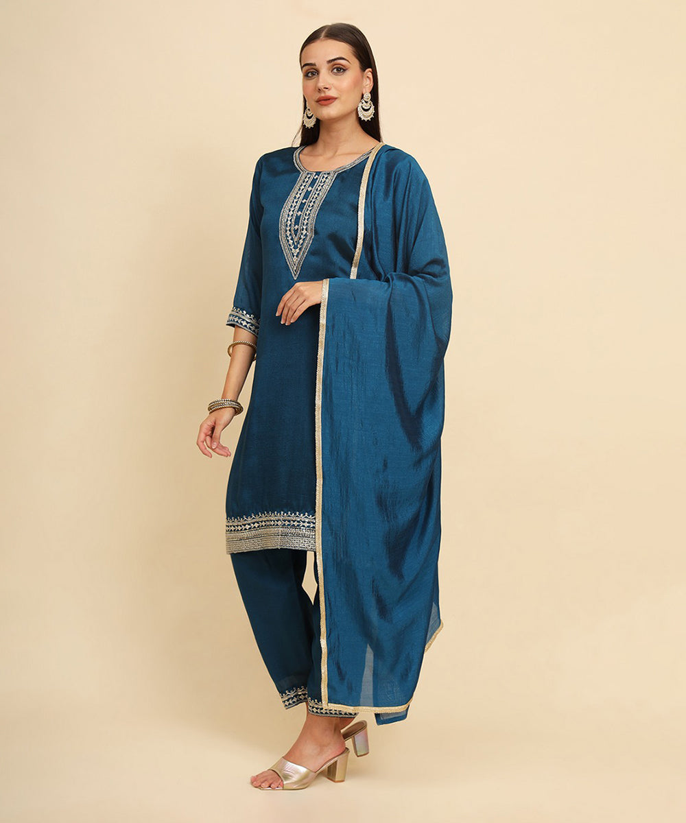 Kurta Set Teal Blue Silk Blend Embroidered with Pant and Dupatta