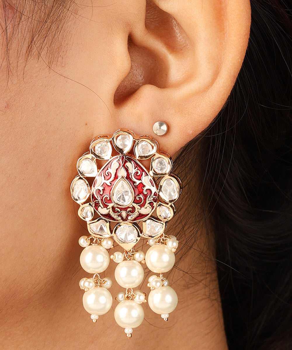 Stunning Raindrop Pendant Necklace with Red and Transparent Stones and Pearl Jhumkis