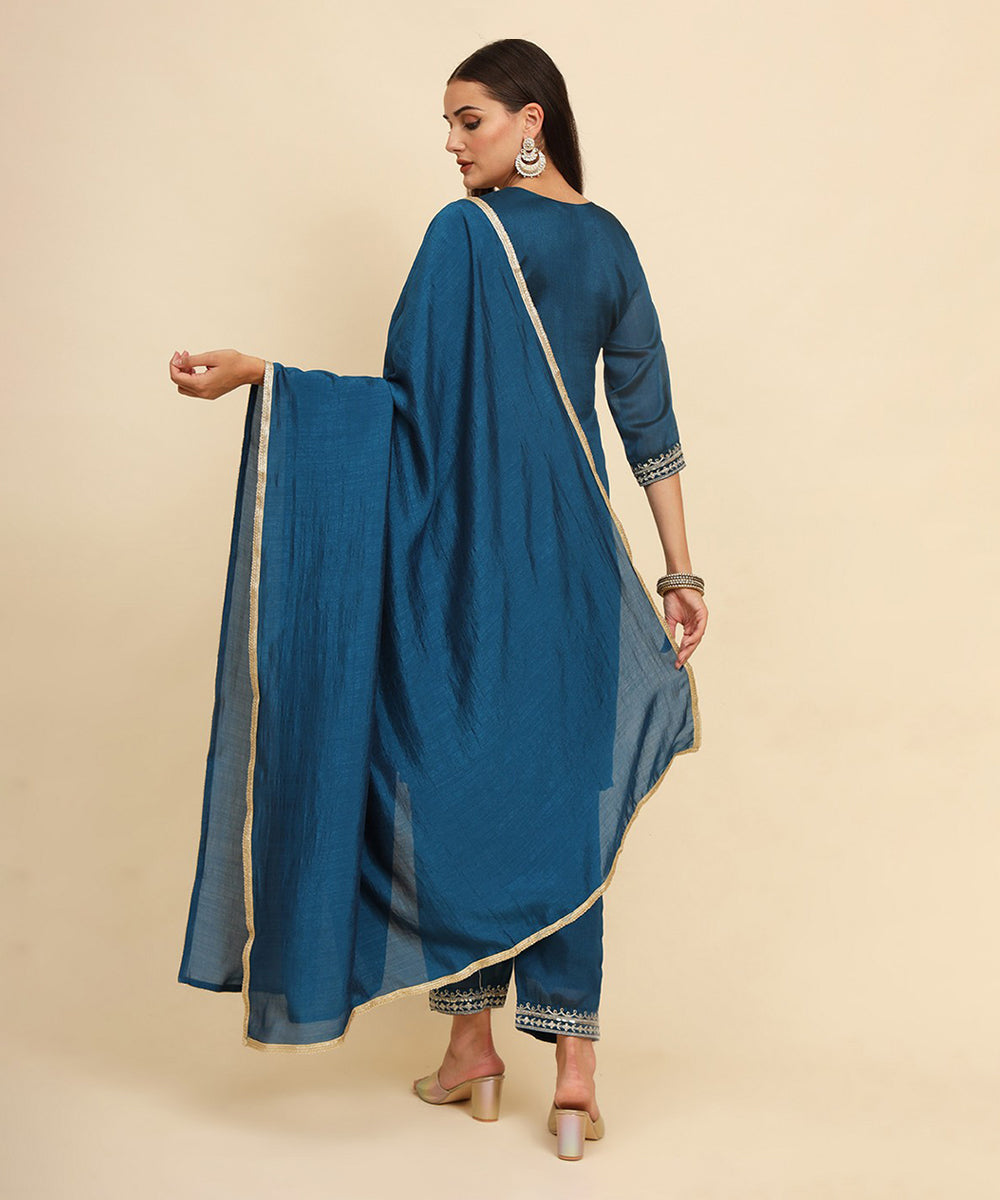 Kurta Set Teal Blue Silk Blend Embroidered with Pant and Dupatta