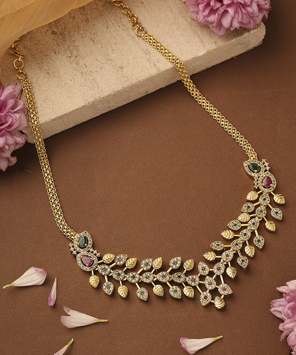 American Stone Studded Leaf Shape Necklace Set