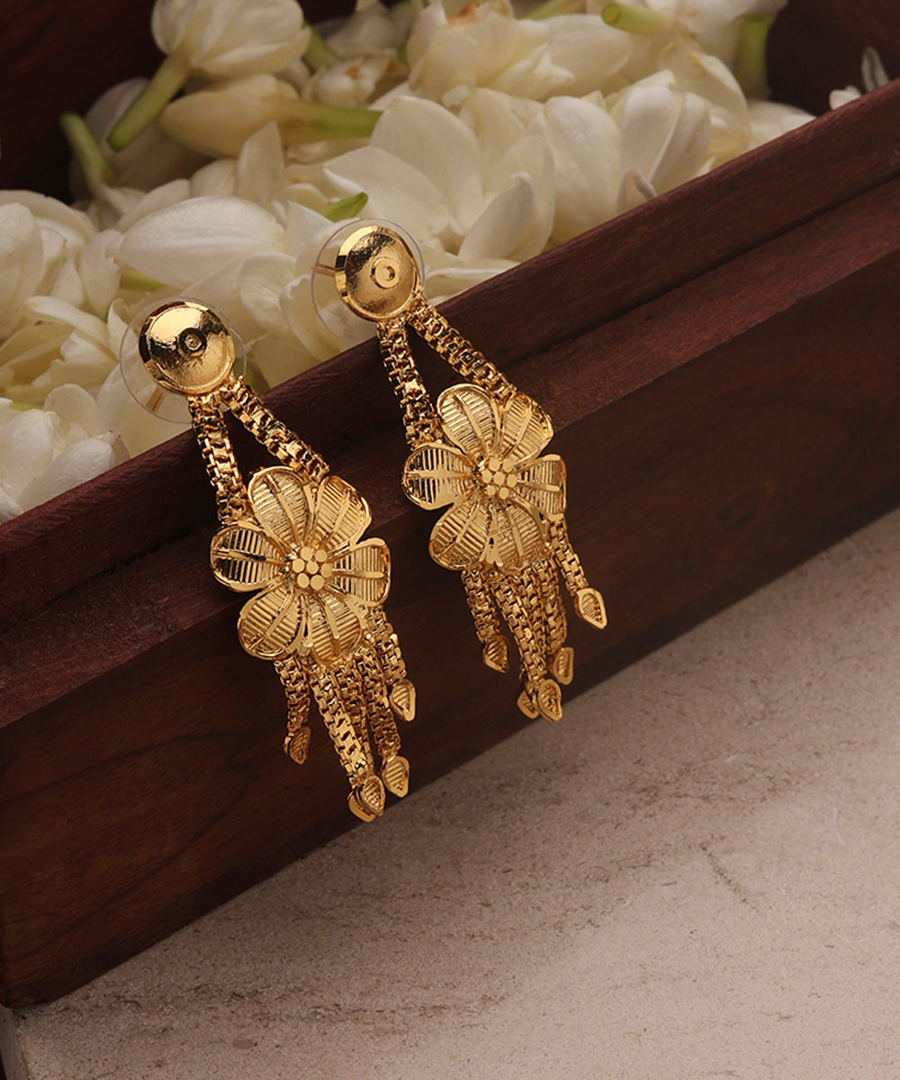 Gold Plated Long Necklace Set with Floral Designs