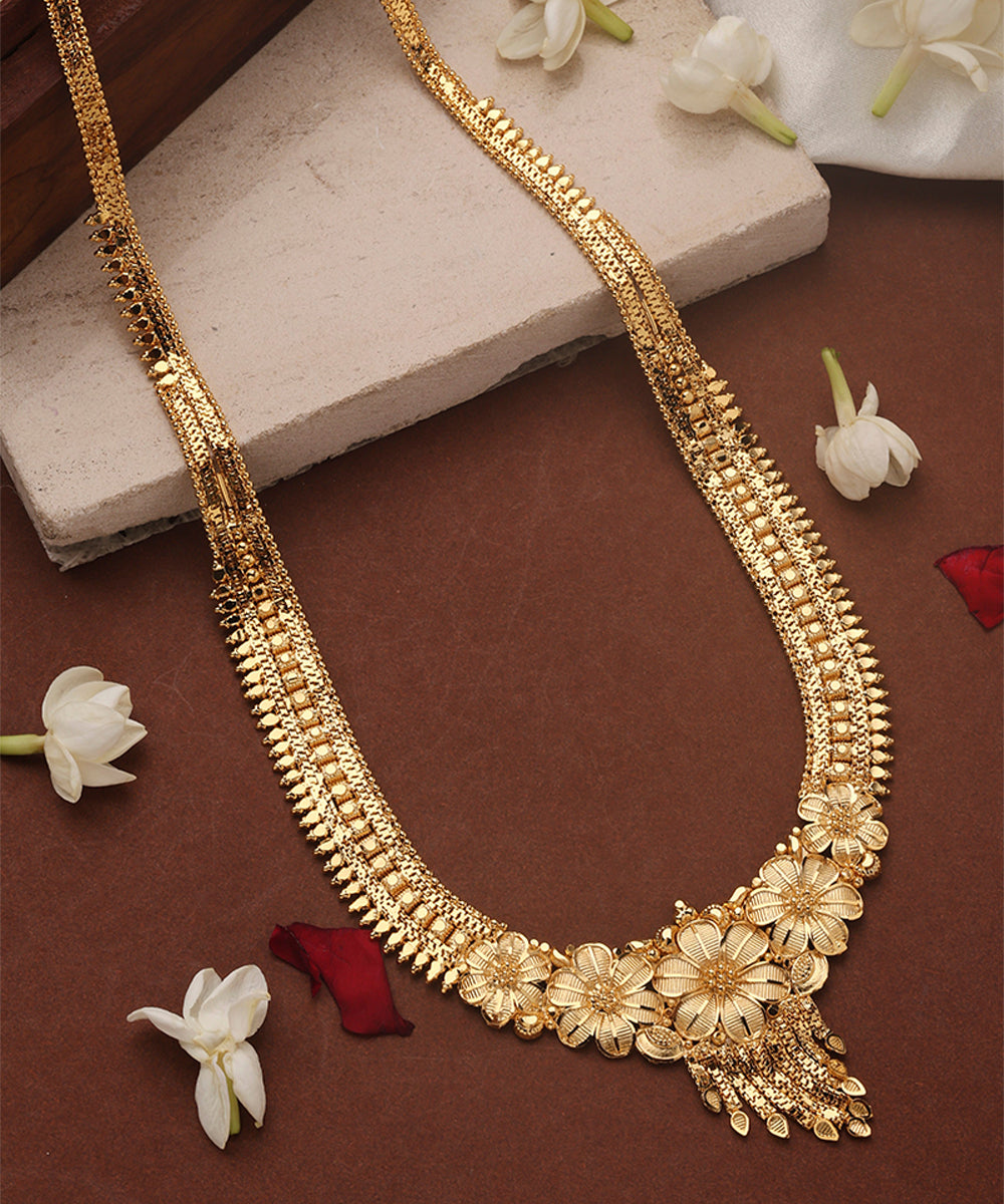 Gold Plated Long Necklace Set with Floral Designs