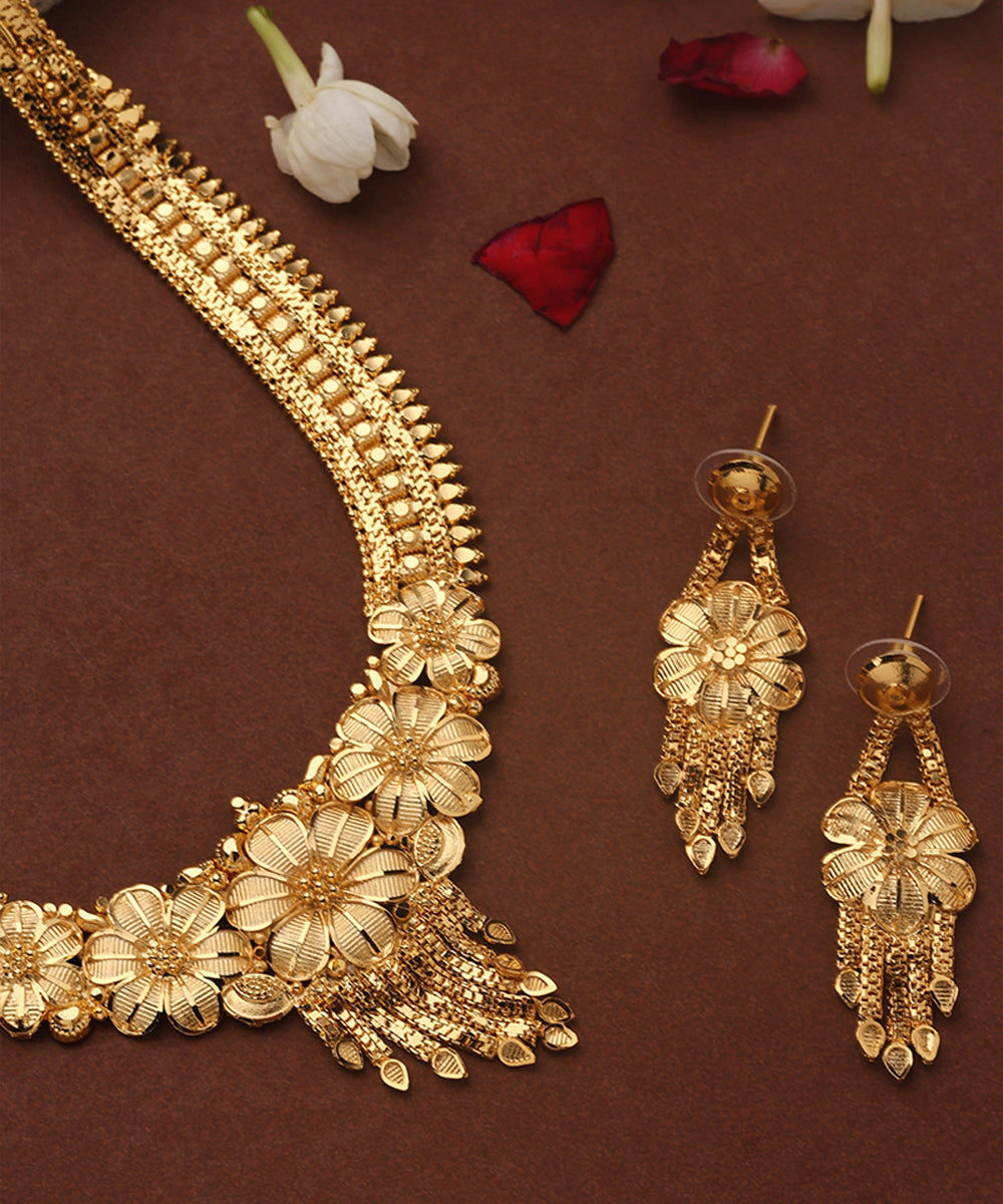 Gold Plated Long Necklace Set with Floral Designs