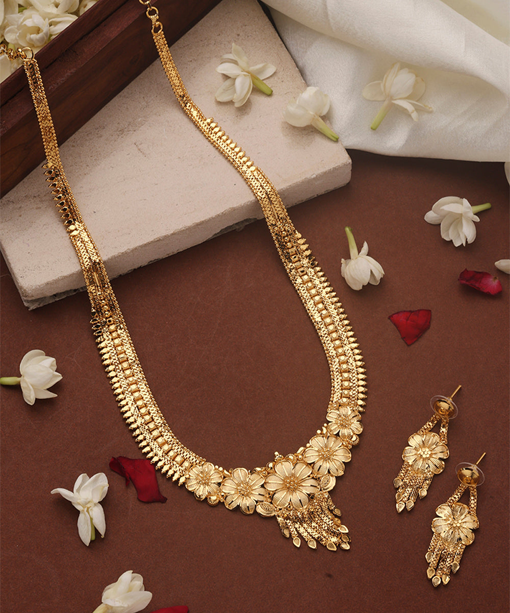 Gold Plated Long Necklace Set with Floral Designs
