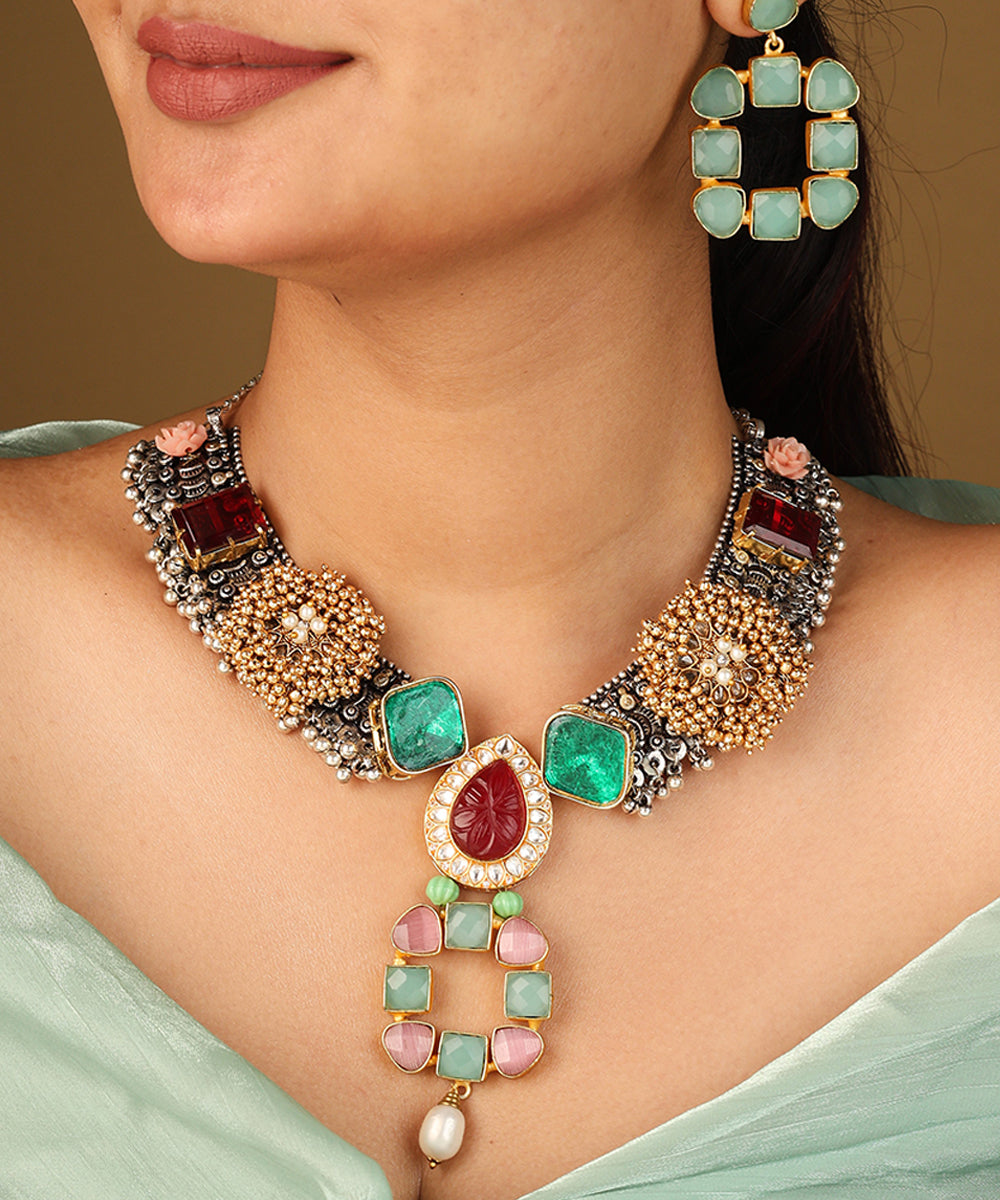 Traditional Jhumki Necklace with Red Stones Rose Pendant and Mint Green Earrings
