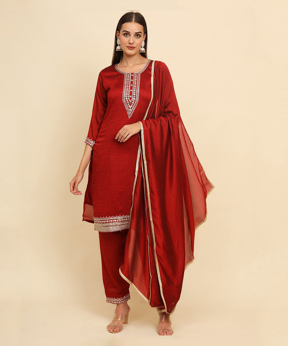 Kurta Set Red Silk Blend Embroidered with Pant and Dupatta