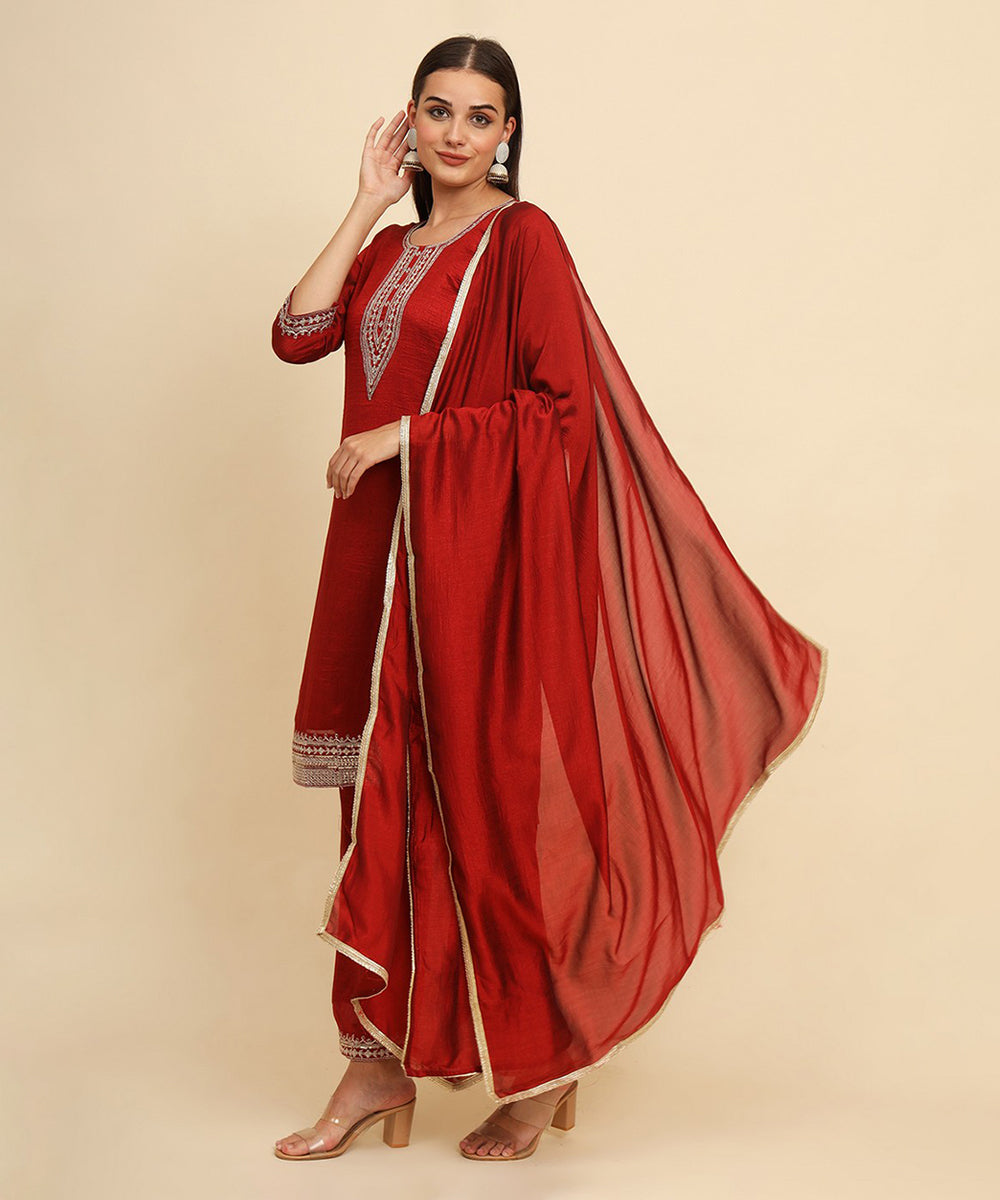 Kurta Set Red Silk Blend Embroidered with Pant and Dupatta