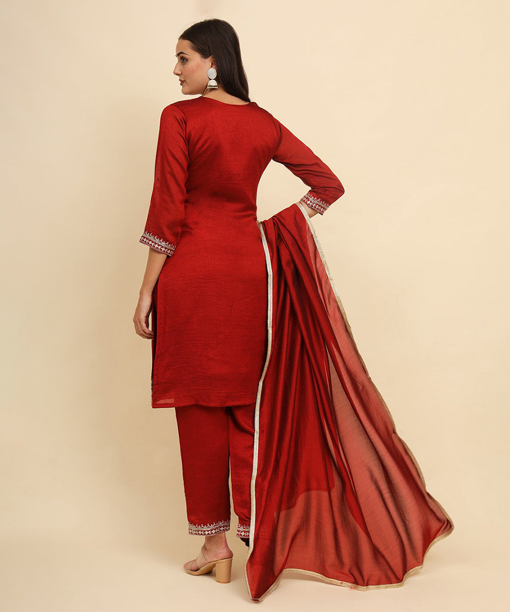 Kurta Set Red Silk Blend Embroidered with Pant and Dupatta
