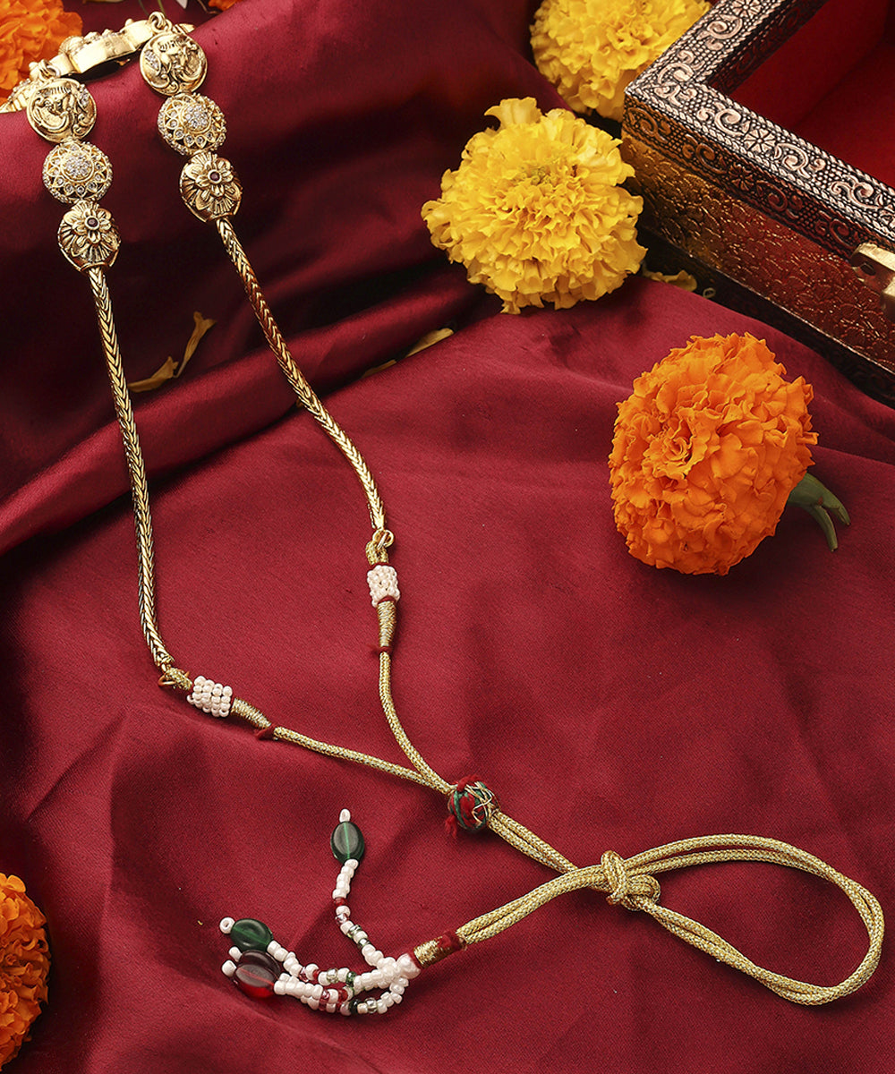 South Temple Style Gold Plated Necklace Set with American Stone Studded Lakshmi Motif Pendant